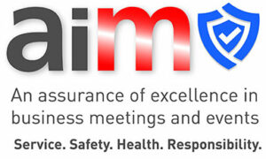 aim - An assurance of excellence in business meetings and events - Service, Safety, Health, Responsibility - Logo